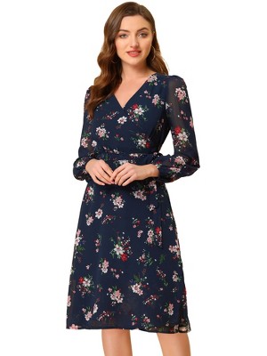 Allegra K Women's Boho Floral V Neck Tie Waist Long Sleeve Chiffon Wrap Midi Dress