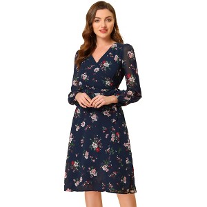 Allegra K Women's Boho Floral V Neck Tie Waist Long Sleeve Chiffon Wrap Midi Dress - 1 of 4
