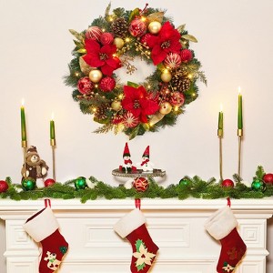24 Inch Christmas Wreath with Lights for Front Door, Large Lighted Outdoor Christmas Wreath with Operated LED Lights Red Gold Xmas Balls - 1 of 4