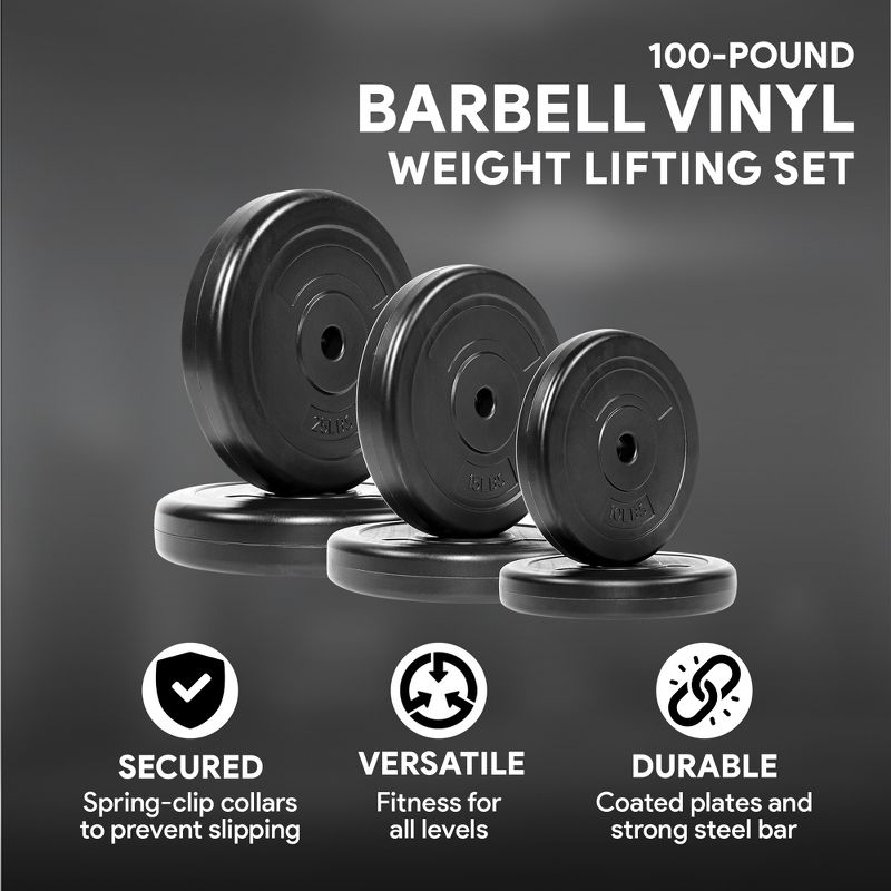 BalanceFrom Fitness Home Gym Steel Barbell Vinyl Coated Workout Weight Lifting Equipment Set w/2 10lb, 2 15lb, 2 25lb Weights & Spring Clips, 100lbs, 2 of 7