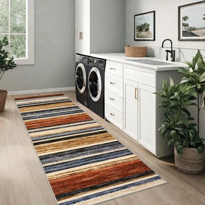 Modern Runner Rug 2x6 Washable Striped Accent Carpet with Non-Slip Backing, Stain-Resistant Low Pile Hallway Rug, Foldable Contemporary Floor Cover