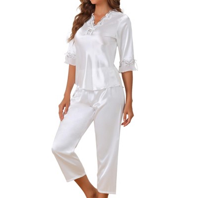 cheibear Women's Satin Silky 3/4 Sleeve Shirt with Long Pajama Pant Soft Pajama Set
