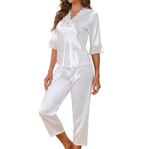 cheibear Women's Satin Silky 3/4 Sleeve Shirt with Long Pajama Pant Soft Pajama Set - 1 of 4