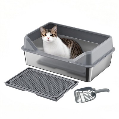 COZONY Stainless Steel Cat Litter Box, High Sided Enclosed Litter Box with Top Entry and Scoop for Odor Control