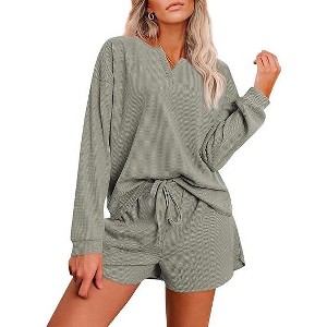 Ekouaer Pajama Set for Women Waffle Knit Lounge Sets Long Sleeve Top and Shorts Sleepwear Matching Loungewear - 1 of 4