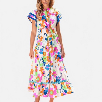 Amaryllis Women's Sleeveless Tiered Maxi Dress Collared V-Neck Relaxed Fit Floral Print Flowy Dress