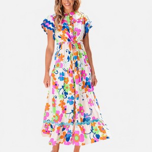 Amaryllis Women's Sleeveless Tiered Maxi Dress Collared V-Neck Relaxed Fit Floral Print Flowy Dress - 1 of 4
