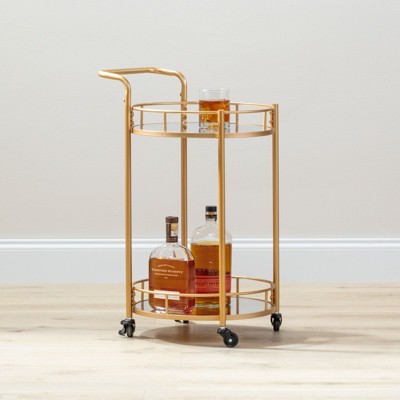 Soft Brass Round Metal Bar Cart with Glass Shelves
