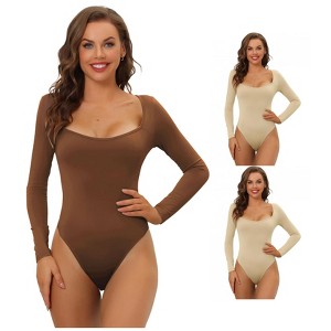 Allegra K Women's Long Sleeve Slim Fit Stretchy Square Neck Leotard Jumpsuit 3 Packs - 1 of 4