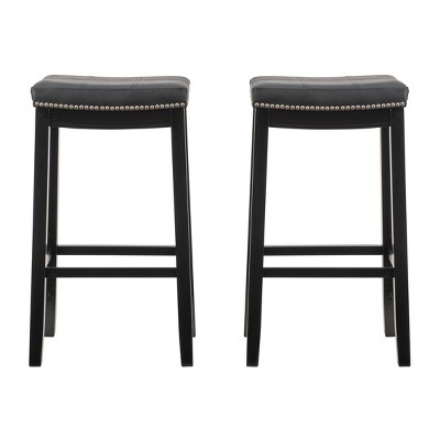Set of 2 Black Wood and Leather Saddle Barstools