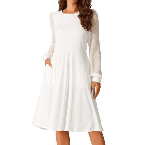 Seta T Women's Lantern Long Sleeve Round Neck Elegant Swiss Dots Work Knee Length Dress - 1 of 4