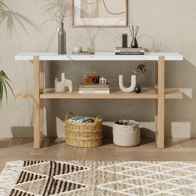 NicBex Retro Elegant Console Table,Narrow Entryway Table with Marble-Effect Top & Open Shelf,Foyer Tables for Entryway,Hallway,Living Room