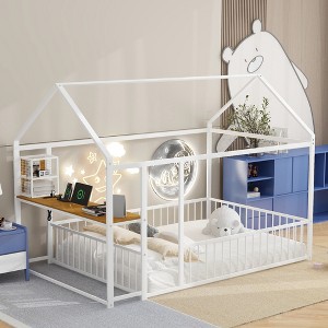 Full/Twin Size Platform Bed, Metal House-Shaped Toddler Bed Frame with Built-in Desk, Storage Shelves & USB Charging Station -ModernLuxe - 1 of 4