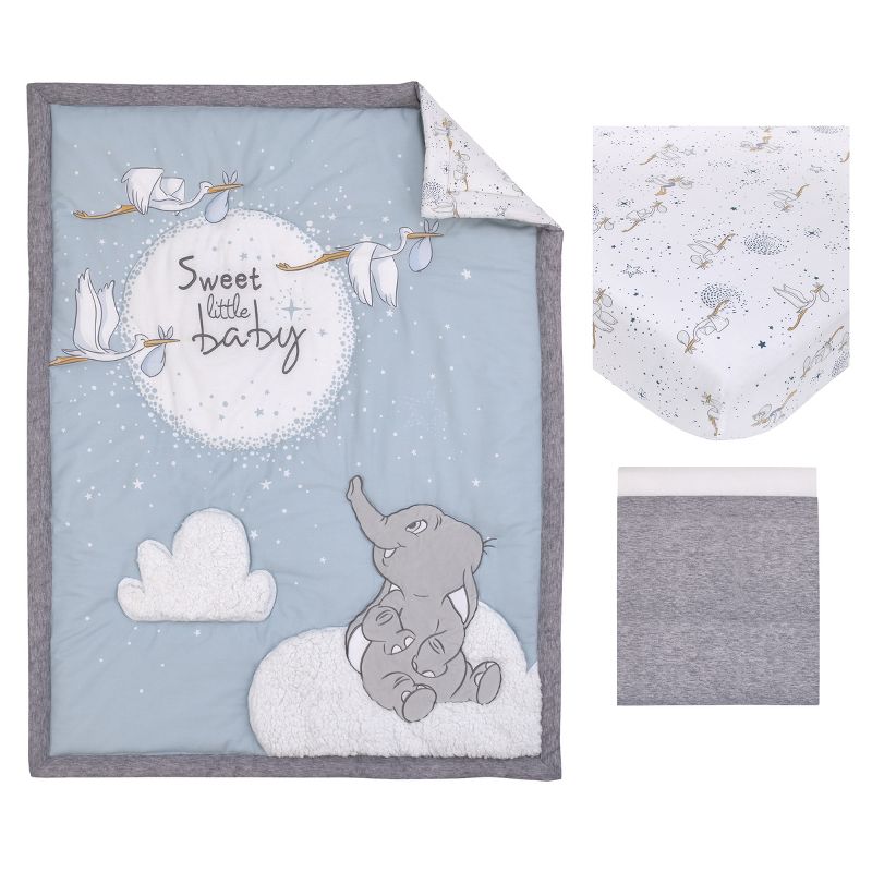 Disney Dumbo Sweet Little Baby Light Blue, Gray, and White Storks, Stars, Clouds and Moon 3 Piece Nursery Crib Bedding Set, 5 of 9