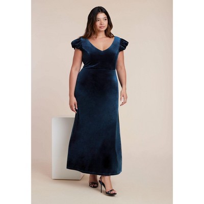 ELOQUII Velvet Short Puff Sleeve Maxi Dress