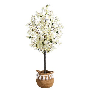 Nearly Natural 5-ft Artificial Bougainvillea Tree with Handmade Jute & Cotton Basket with Tassels, White - 1 of 4