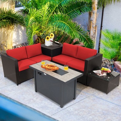 Tangkula 5PCS Patio Rattan Furniture Set Fire Pit Table w/ Cover Storage Cushion