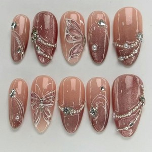 LOVELAY CREATIONS Medium Almond Ombre Pink Press-On Nails with Rhinestone Butterflies - 1 of 4
