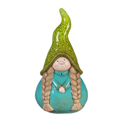 10"H Ceramic Lady Gnome Garden Statuary, Green