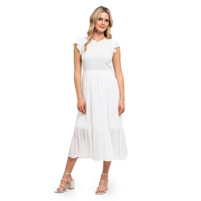 August Sky Women's Smocked Ruffle Sleeve Tiered Midi Dress