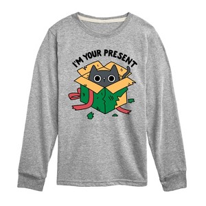 Boys' - Instant Message - Cat Christmas Present Long Sleeve Graphic T-Shirt - 1 of 4