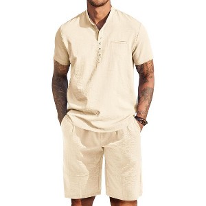 COOFANDY Men's 2 Piece Outfits Short Sleeve Henley Shirts and Shorts Summer Beach Yoga Pants Set - 1 of 4