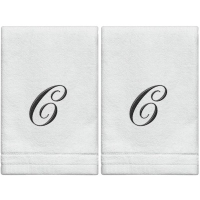 Creative Scents Set of 2 White Fingertip Monogrammed Towels, Black Embroidered