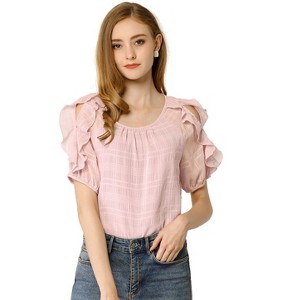 INSPIRE CHIC Women's Ruffled Boat Neck Chiffon Out Shoulder Short Sleeve Tops - 1 of 4
