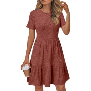 Women's Maroon Knit High Waist Dress, Short Sleeve Ruffled A-Line Dress - 1 of 4