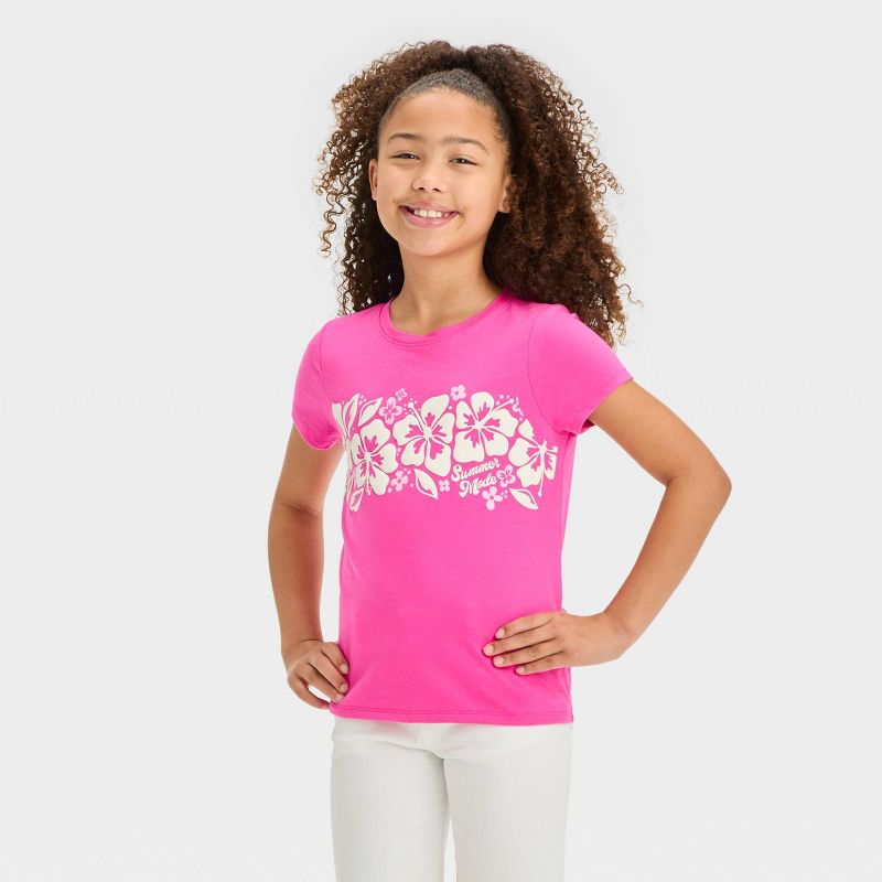 Girls' Short Sleeve 'Hibiscus' Graphic T-Shirt - Cat & Jack™ Bright Pink, 1 of 5