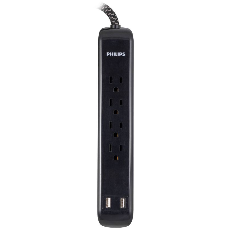 Philips 4-Outlet Surge Protector with USB Ports and 4&#39; Braided Cord - Black, 5 of 12