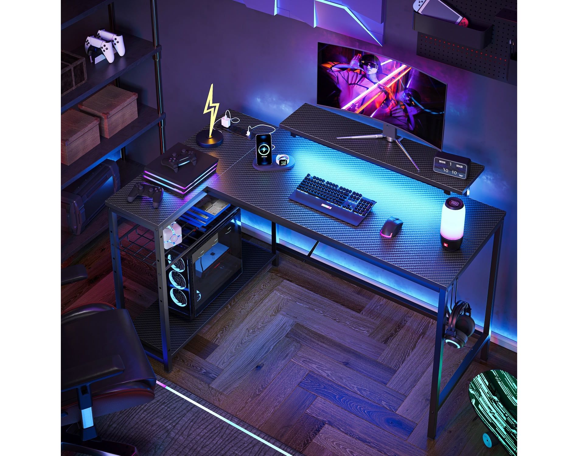 Bestier 48 Inch LED L-Shaped Gaming Desk with Monitor Stand
