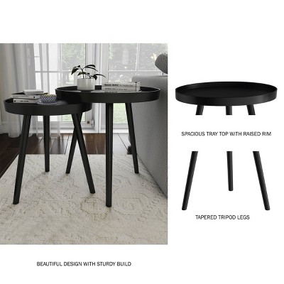 Black Round Wood Nesting End Tables with Tray Top