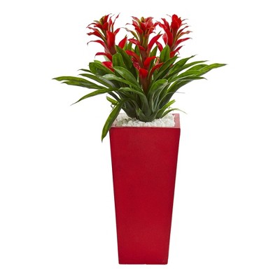 Nearly Natural 26-in Triple Bromeliad Artificial Plant in Red Planter