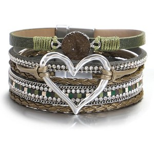 Leather Wrap Bracelet with Heart-Shape Decor & Crystal Beads, Bohemian Cuff Bangle for Women & Girls - 1 of 4
