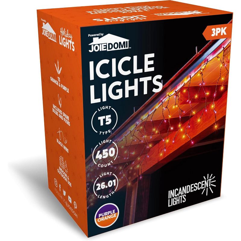 150 Incandescent Black Wire Icicle Lights (Orange & Purple), 3 Packs, 5 of 6