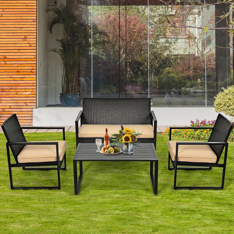 Costway 4PCS Patio Rattan Furniture Set Cushioned Sofa Coffee Table Garden Deck Brown, 2 of 11