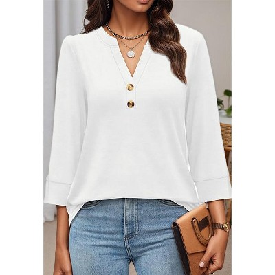 Women 3/4 Sleeve Shirts Notch V Neck Tops Casual Dressy Blouses Beach Vacation Tunic Tops