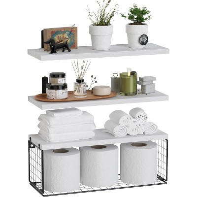 Munora Bathroom Shelf Over Toilet - Floating Wall Mounted Shelf with Wire Basket, Rustic Wood 3-Tier Storage Shelves