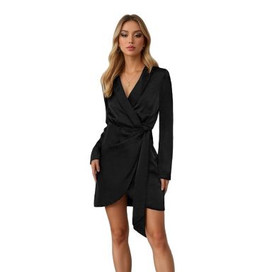 latest short dresses for ladies YESFASHION Womens Satin Mini Dress Criss Cross Tie Waist Lapel Collar Open Front Fashion Perfect Office Party S Black : Target extra short mini dresses