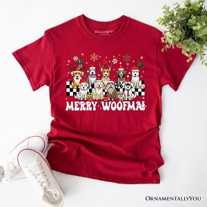 Merry Woofmas Dog Mama T‑Shirt, Dogs With Santa Hats Christmas Tee | OrnamentallyYou - 1 of 4