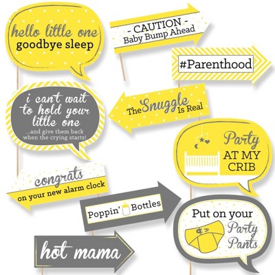 Big Dot of Happiness Funny Yellow and Gray - Hello Little One - Baby Shower Photo Booth Props Kit - 10 Piece