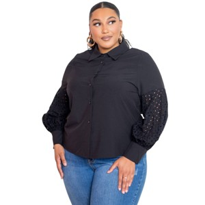 Slickblue Curvy Fit Black/White Blouse with Punched Sleeves – Comfortable Polyester/Spandex Blend, Sizes 1x-3x - 1 of 4