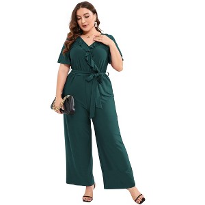 Women Plus Size Ruffle V Neck Short Sleeve Wide Leg Jumpsuits Summer Casual Belted Rompers - 1 of 4