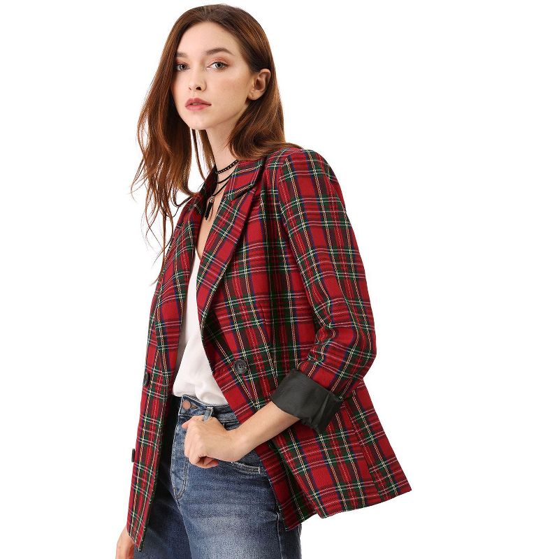 Allegra K Women's Casual Fit Notched Lapel Double Breasted Plaid Formal Blazer, 5 of 8