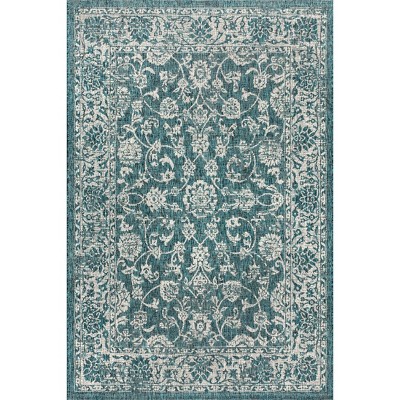 Teal and Gray Bohemian Floral Indoor/Outdoor Area Rug