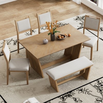 6-Piece Retro Dining Ensemble, Rectangular Table with Trapezoidal Base and 4 Cushioned Chairs and 1 Bench, Suitable for Dining Rooms and Kitchens
