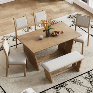 6-Piece Retro Dining Ensemble, Rectangular Table with Trapezoidal Base and 4 Cushioned Chairs and 1 Bench, Suitable for Dining Rooms and Kitchens - 1 of 3