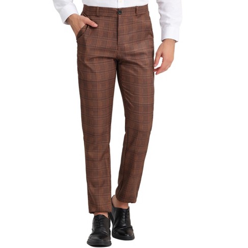 Lars Amadeus Men's Plaid Dress Classic Fit Formal Checked Trousers Brown 30