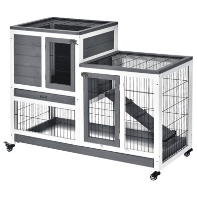 PawHut Wooden Rabbit Hutch Elevated Bunny Cage Indoor Small Animal Habitat with Enclosed Run with Wheels, Ramp, Removable Tray Ideal for Guinea Pigs, Grey